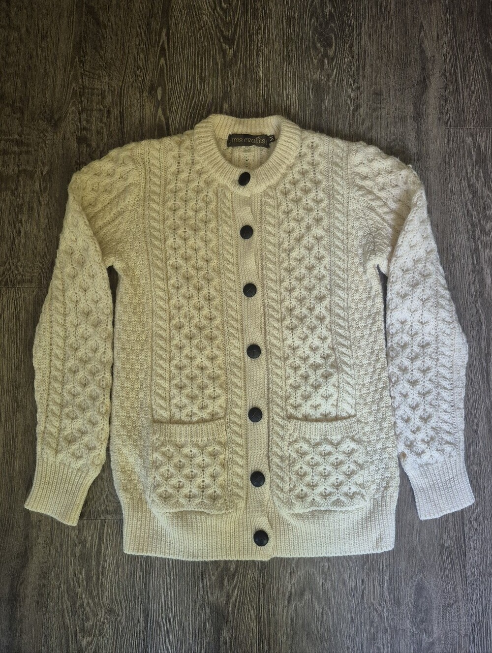 Inis Crafts Classic Cream Cable-Knit Cardigan Aran Wool Sweater Medium M